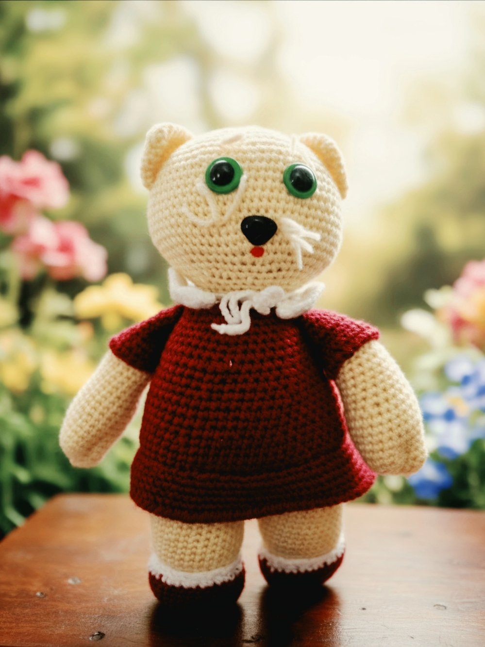 Crochet Teddy Bear Amigurumi Plush Toy Red Dress Beige Tan 10" Handmade